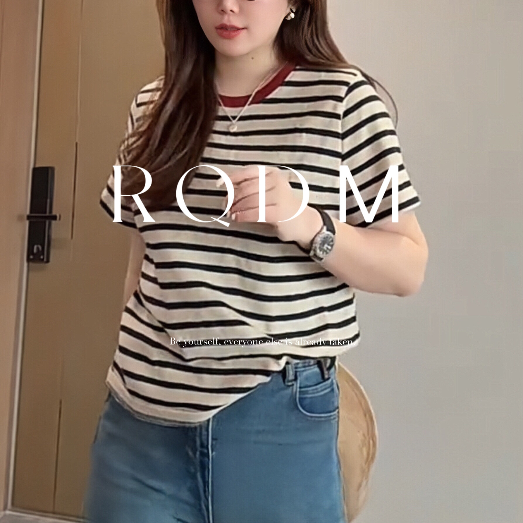 百搭撞色条纹圆领正肩短袖T恤女