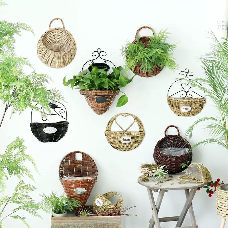 田园草编墙面壁挂装饰花篮藤编吊篮绿萝花篮欧式创意手工花盆