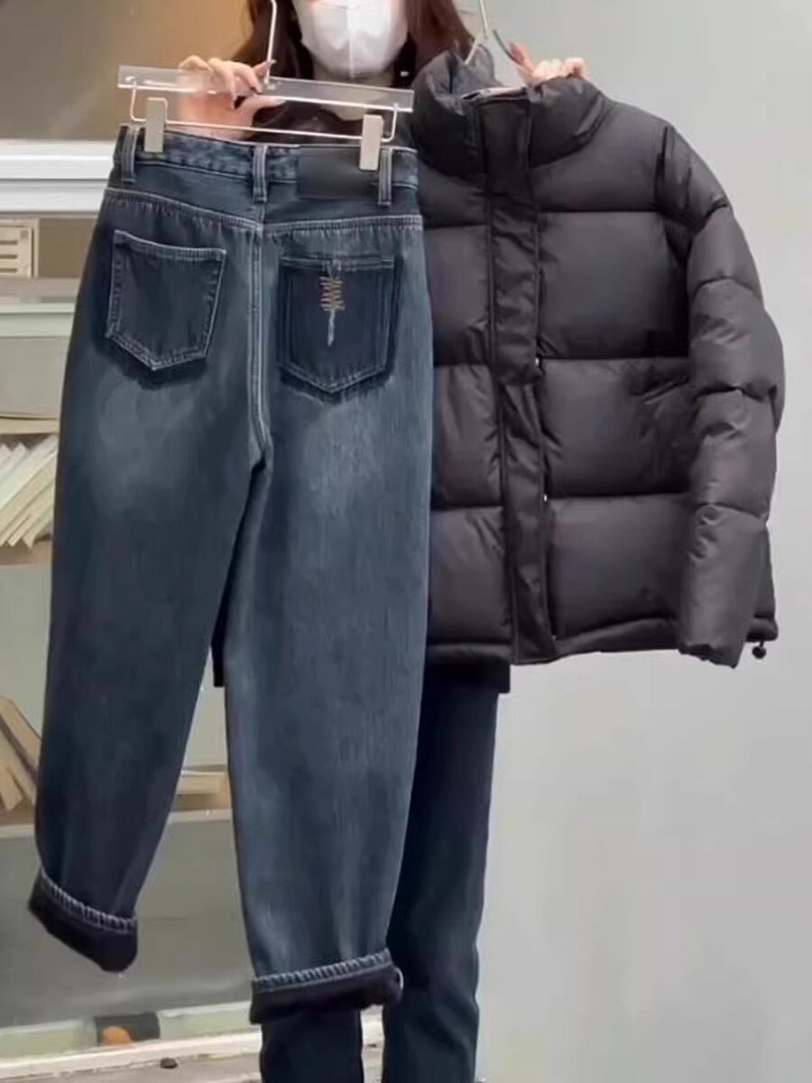 2024 신작 가을 겨울 대형 하이웨이스트 배색 플러스 벨벳 하렘 청바지 뚱뚱 MM 루즈 슬리밍 9부 당근 팬츠