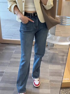 2023秋季新款大码弹力窄版直筒牛仔裤女胖妹妹mm高腰显瘦拖地长裤
