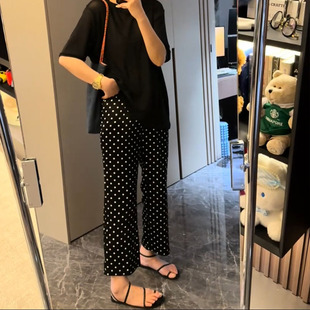 胖妹妹显瘦百搭直筒休闲裤 大码 薄款 高腰显瘦波点九分微喇裤 女夏季