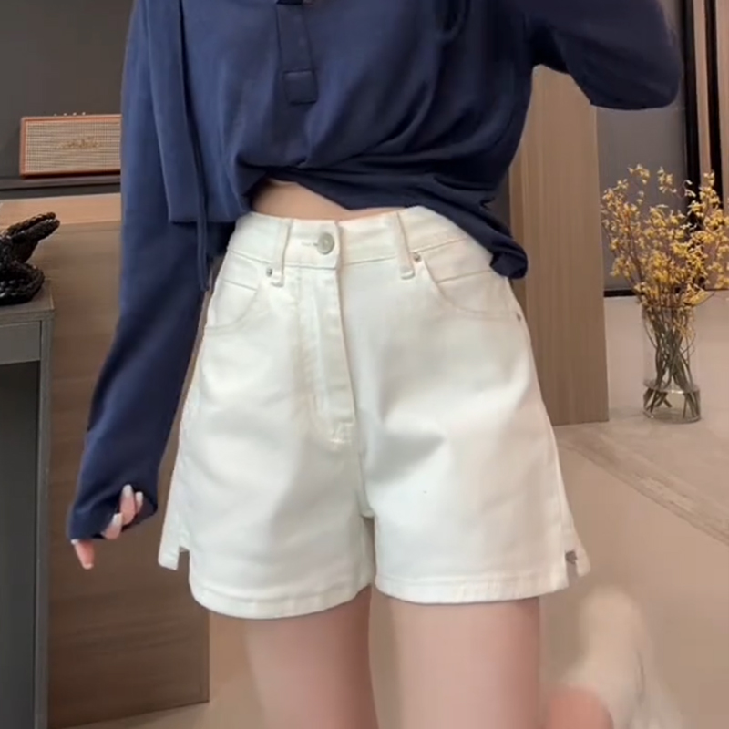 2025夏季高腰弹力白色开叉牛仔短裤女夏大码遮胯显瘦a字阔腿热裤