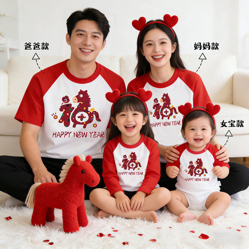 马年过年福字短袖亲子装一家三四口t恤婴儿连体衣爬服母女母子装