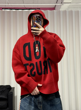 Medaigual 重磅加厚挺阔松弛感标语提花连帽衫男街头滑板红色毛衣