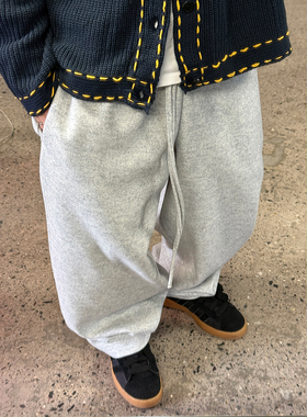 Medaigual弯刀裤 秋冬灰色松紧腰阔腿不拖地休闲裤松弛慵懒毛呢裤