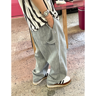 男松紧滑板弯刀锥形裤 伐木休闲裤 铁道条纹宽松多袋工装 Medaigual