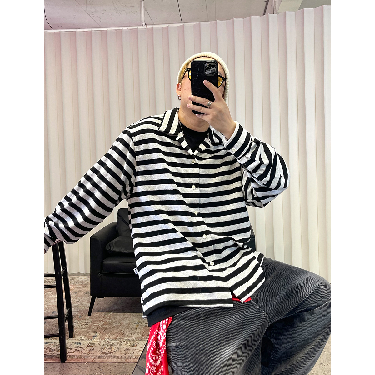 撞色黑白条纹宽松廓形春秋衬衫