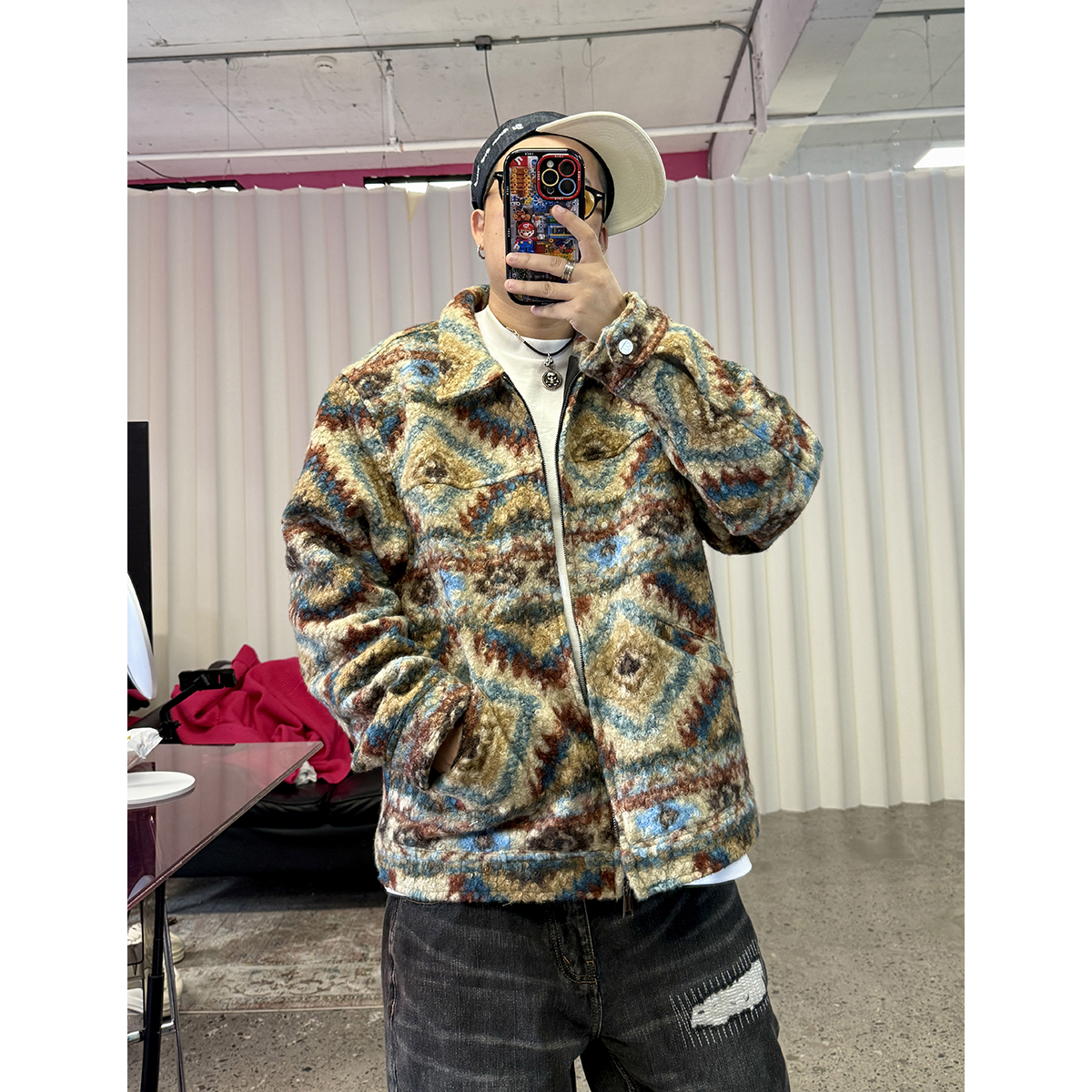 复古民族风提花宽松翻领工装夹克