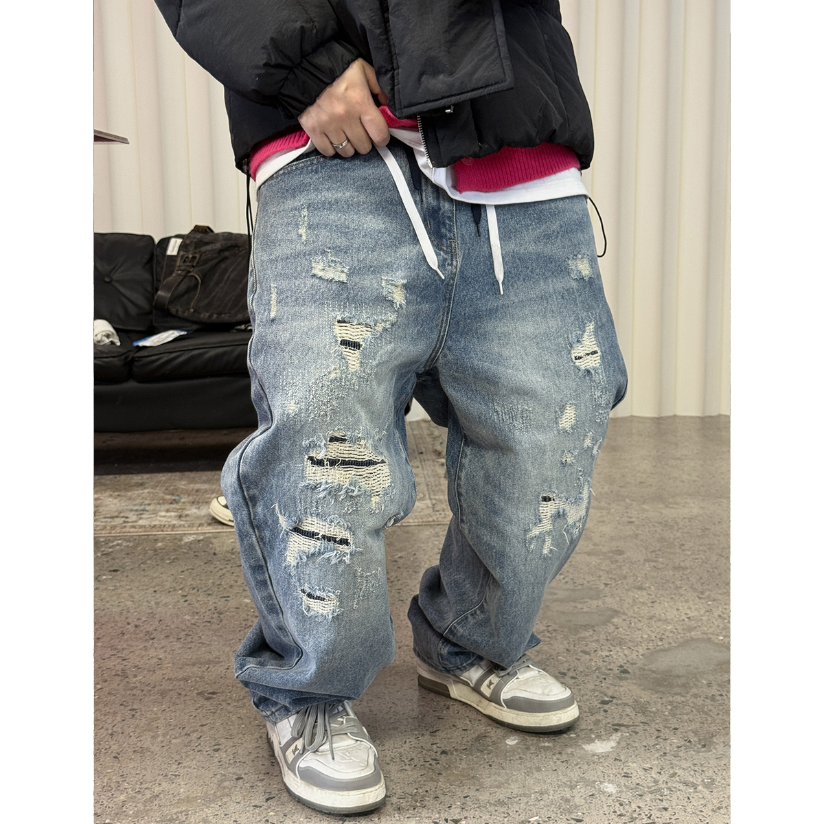 美式复古水洗破洞牛仔裤男