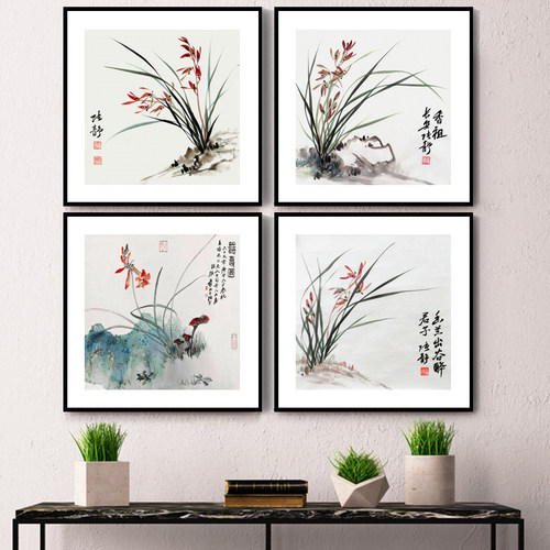 兰花现代中式风餐厅饭店墙壁画