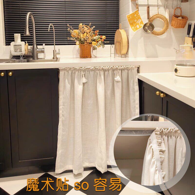 新款亚麻褶皱魔术贴防尘橱柜帘