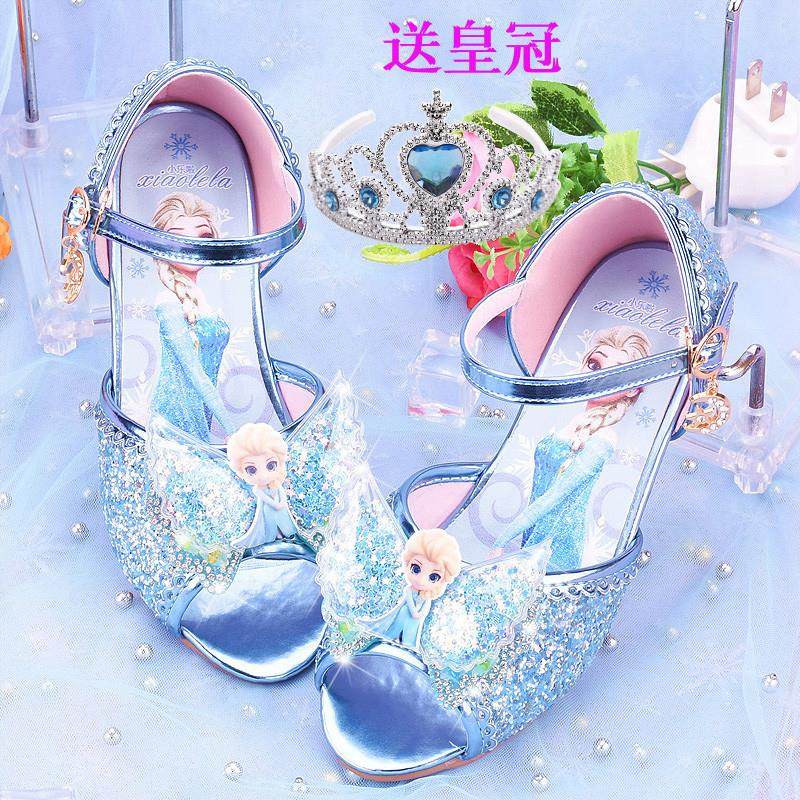 女童公主鞋夏季艾莎凉鞋网红爆款儿童6岁高跟冰雪奇缘水晶鞋8鱼嘴