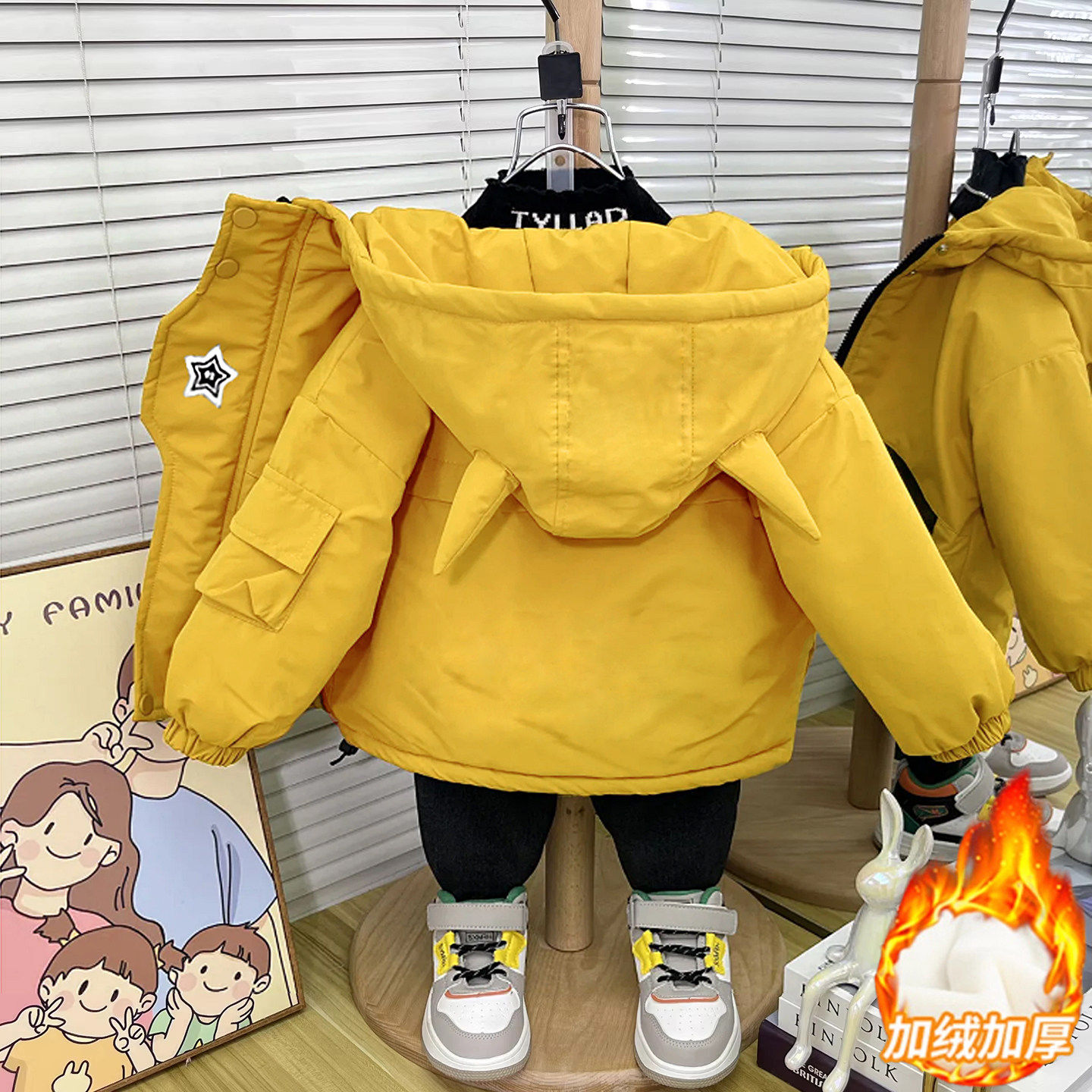 冬季儿童连帽加厚卡通工装棉服韩