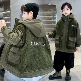 男童加厚外套秋冬款2025新款儿童羊羔绒毛毛衣中大童夹棉男孩潮酷