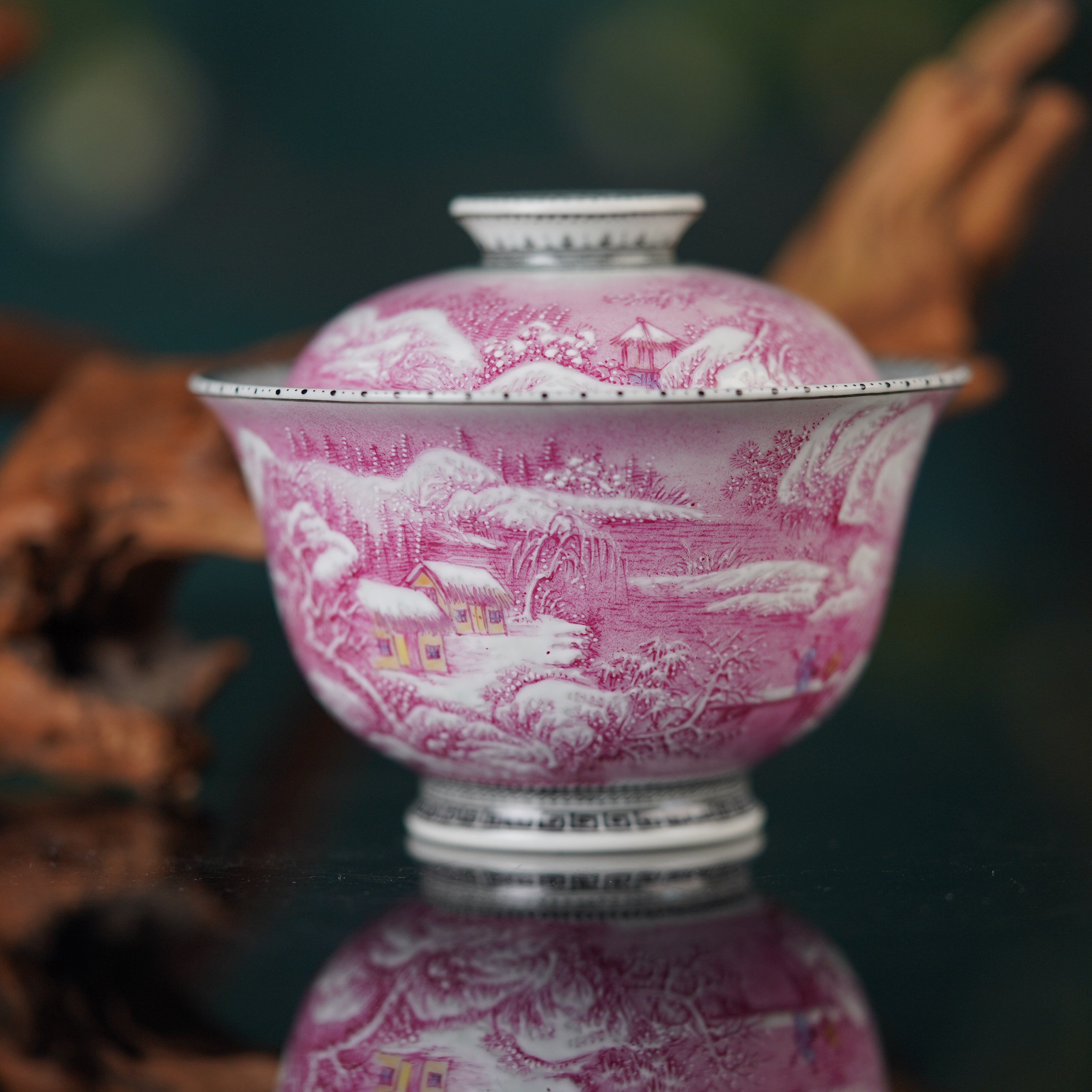 云山片玉宝石红墨彩描边盖碗景德镇陶瓷高端茶具