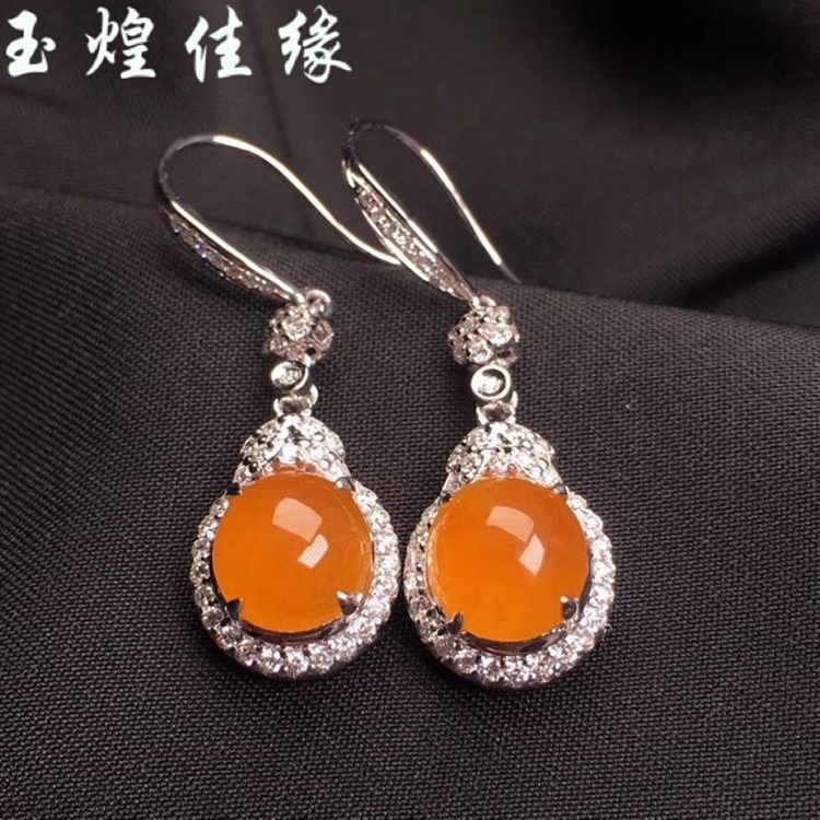 天然黄蛋面翡翠耳环缅甸18k女款