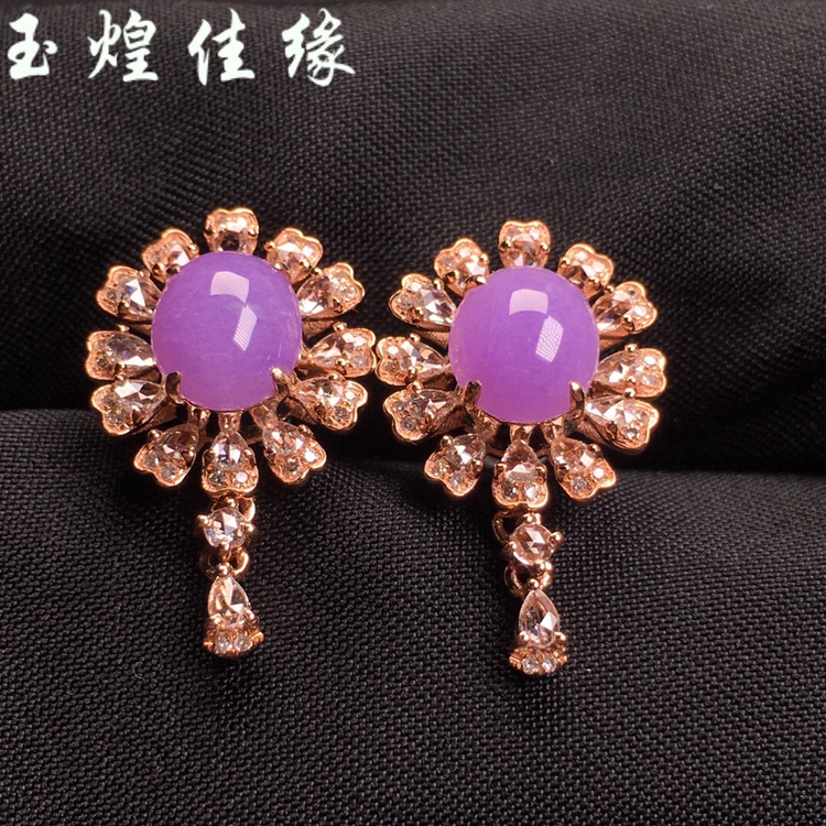 天然紫罗兰蛋面翡翠耳钉玫瑰金镶