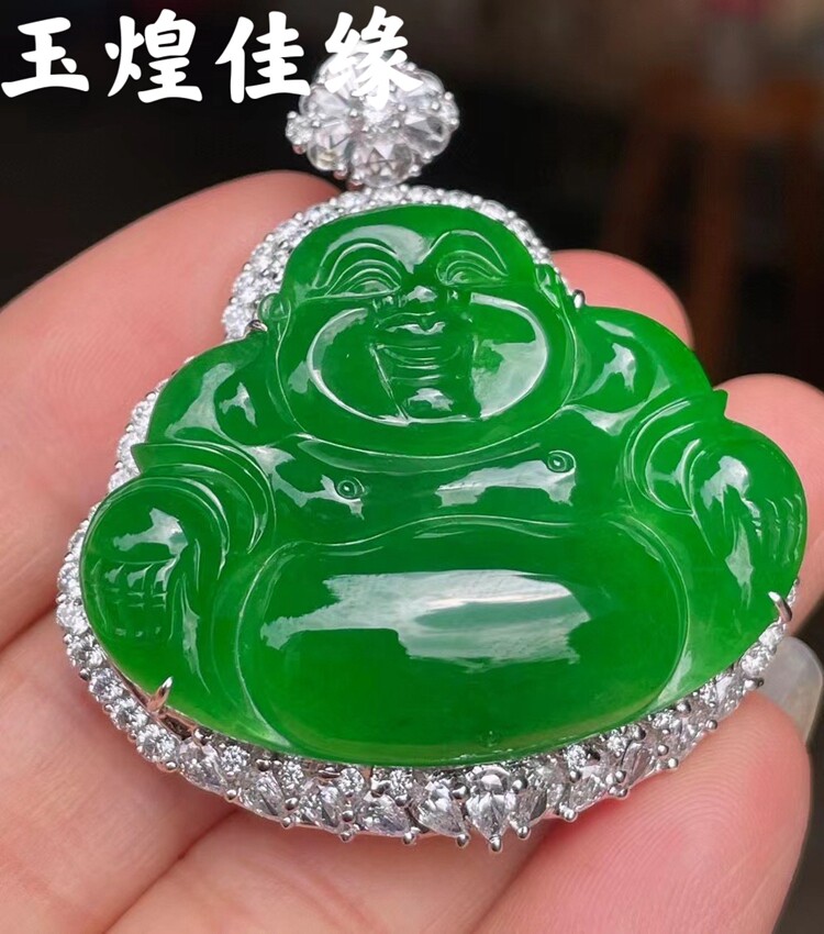 缅甸翡翠冰种正阳绿翡翠佛公吊坠 均匀绿冰绿翡翠佛吊坠镶嵌18k金