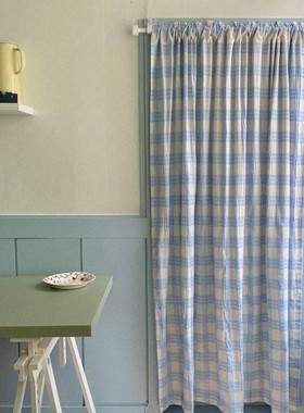 棉棉自制韩国ins博主同款蓝色格纹挂布门帘窗帘