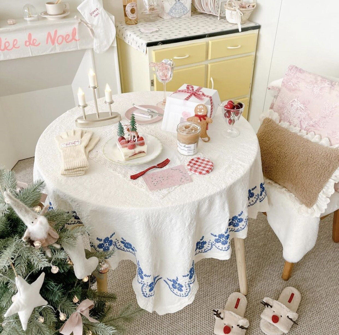 ins法式复古vintage刺绣纯棉桌布背景布野餐布