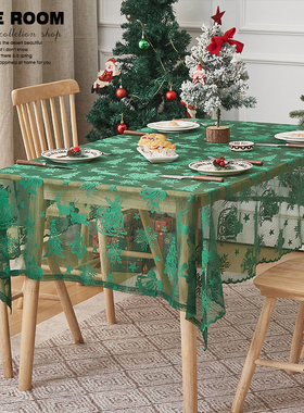 美式桌布圣诞主题餐桌布红色绿色蕾丝台布桌旗节日装饰茶几盖布