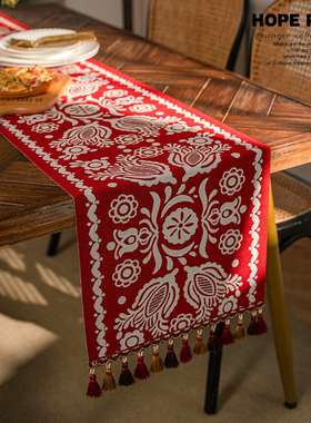 新年提花中式桌旗阖家欢乐茶席红色茶台布艺长条茶几布喜庆茶桌垫