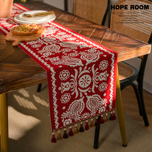 新年提花中式 桌旗阖家欢乐茶席红色茶台布艺长条茶几布喜庆茶桌垫