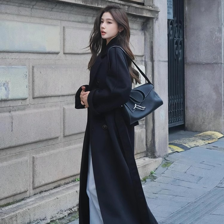 韩版经典极简中长羊绒大衣外套