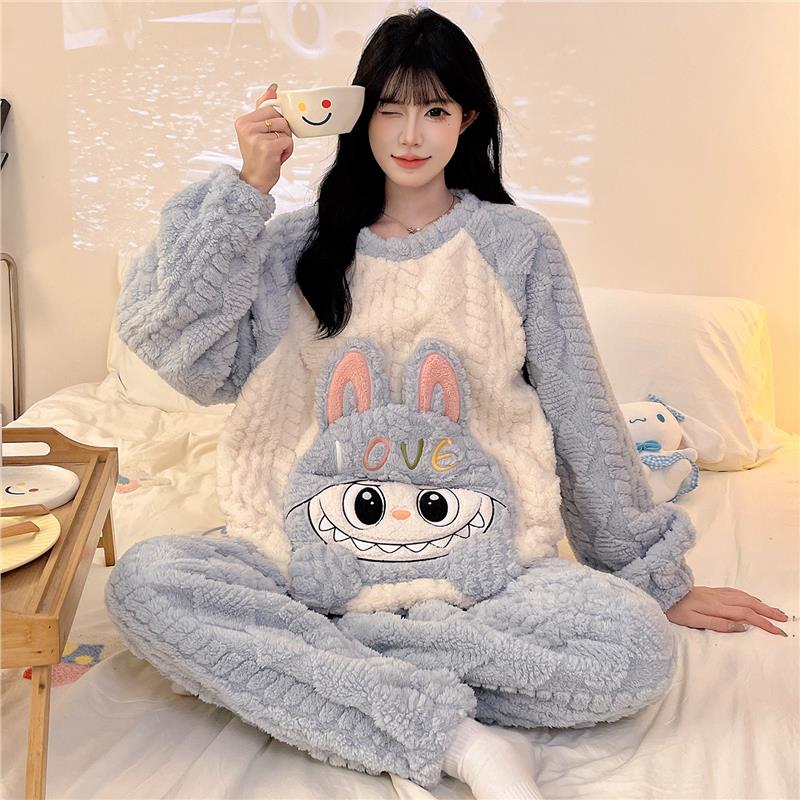 冬季加绒加厚珊瑚绒女士睡衣女款冬天卡通少女大码学生家居服秋冬