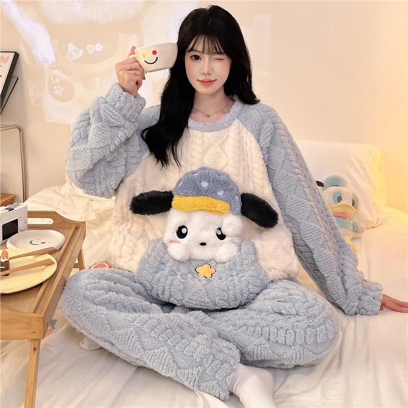 冬季加绒加厚珊瑚绒女士睡衣女款冬天卡通少女大码学生家居服秋冬