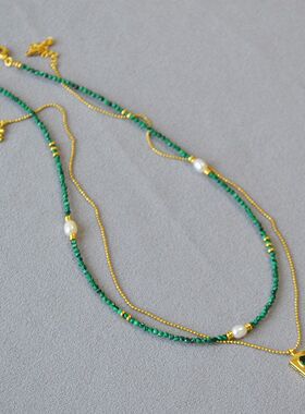 法式小众文艺复古孔雀石串珠祖母绿几何方形吊坠双层叠戴气质项链