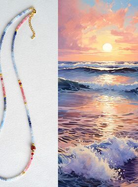 设计师原创小众文艺国潮渐变水墨画自然石手作串珠长款项链毛衣链