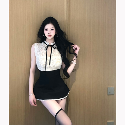【韩漫芭比】早夏法式蕾丝收腰无袖上衣女修身显瘦纯欲气质半身裙