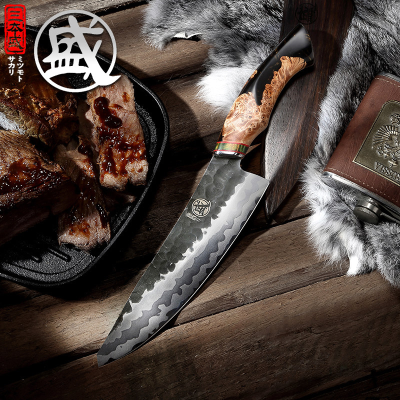 日本三本盛大马士革锻打牛刀多用刀菜刀割肉刀主厨刀专用厨房刀具