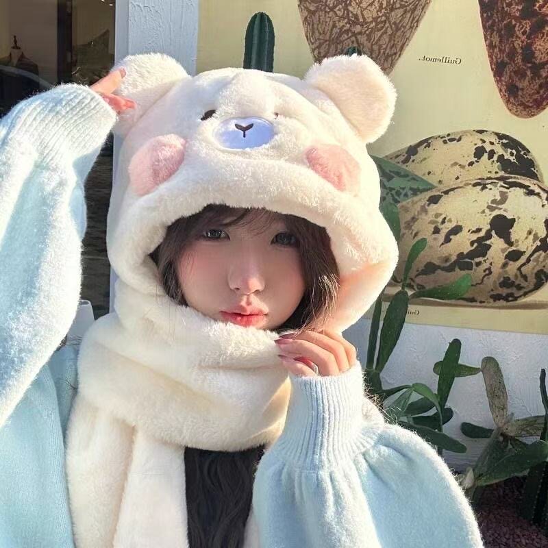 冬季毛绒帽子三件套可爱小熊