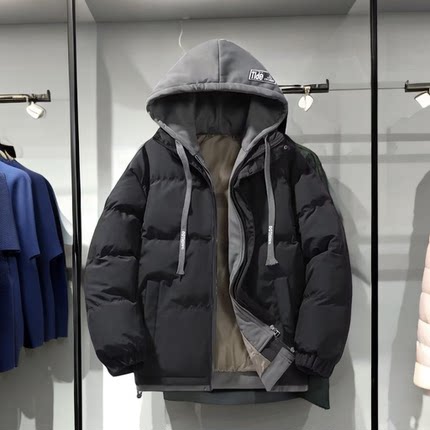 假两件连帽棉衣男士冬季加厚宽松羽绒棉服晋江面包服棉袄潮牌外套