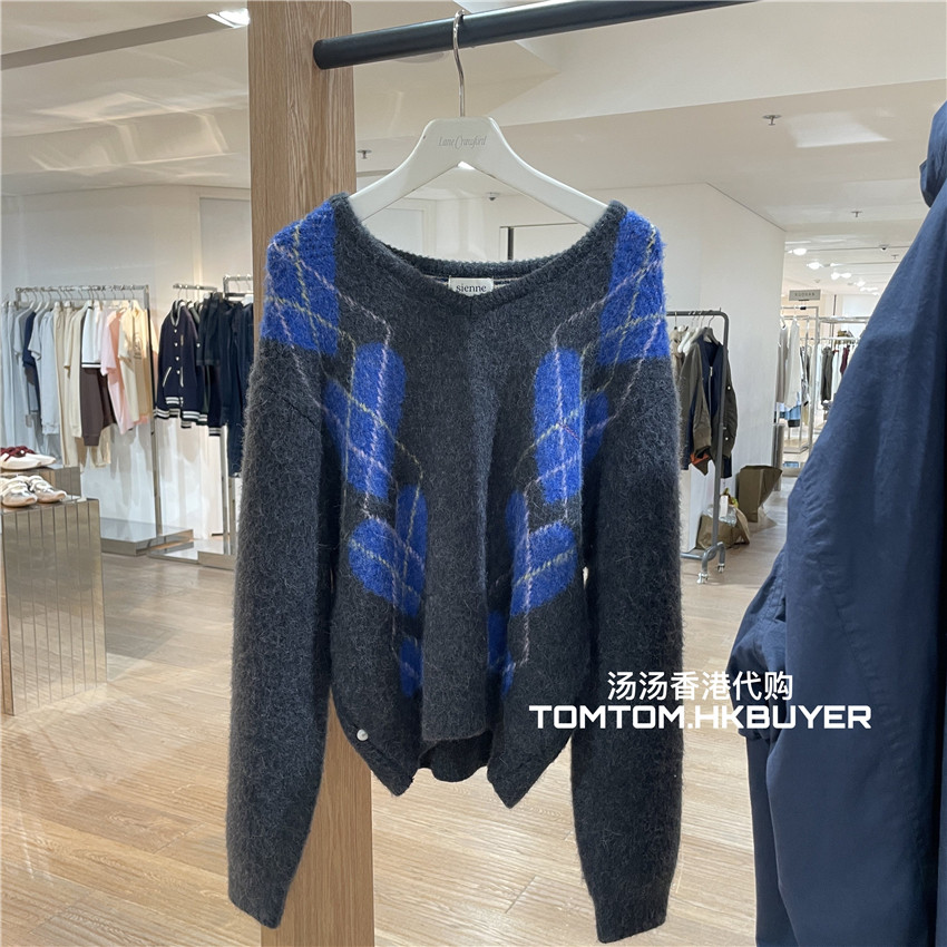 香港正品代购 Sienne 25秋冬 撞色心形菱格花纹V领针织衫