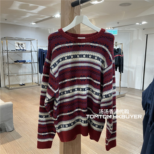 香港正品代购 Sienne 25秋冬 撞色提花条纹套头针织毛衣