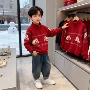 儿童生肖拜年服冬季新款男童加绒半拉链卫衣中大童潮酷新年上衣