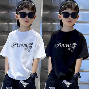 圆领宽松中大童百搭潮牌白t上衣 新款 字母印花纯棉短袖 T恤男童夏季