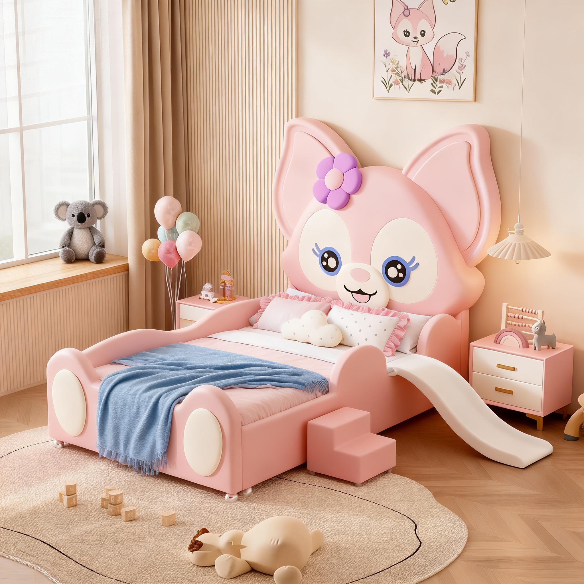 玲娜贝儿公主床粉色带护栏滑梯卡通单人床1.5m卧室实木女孩儿童床