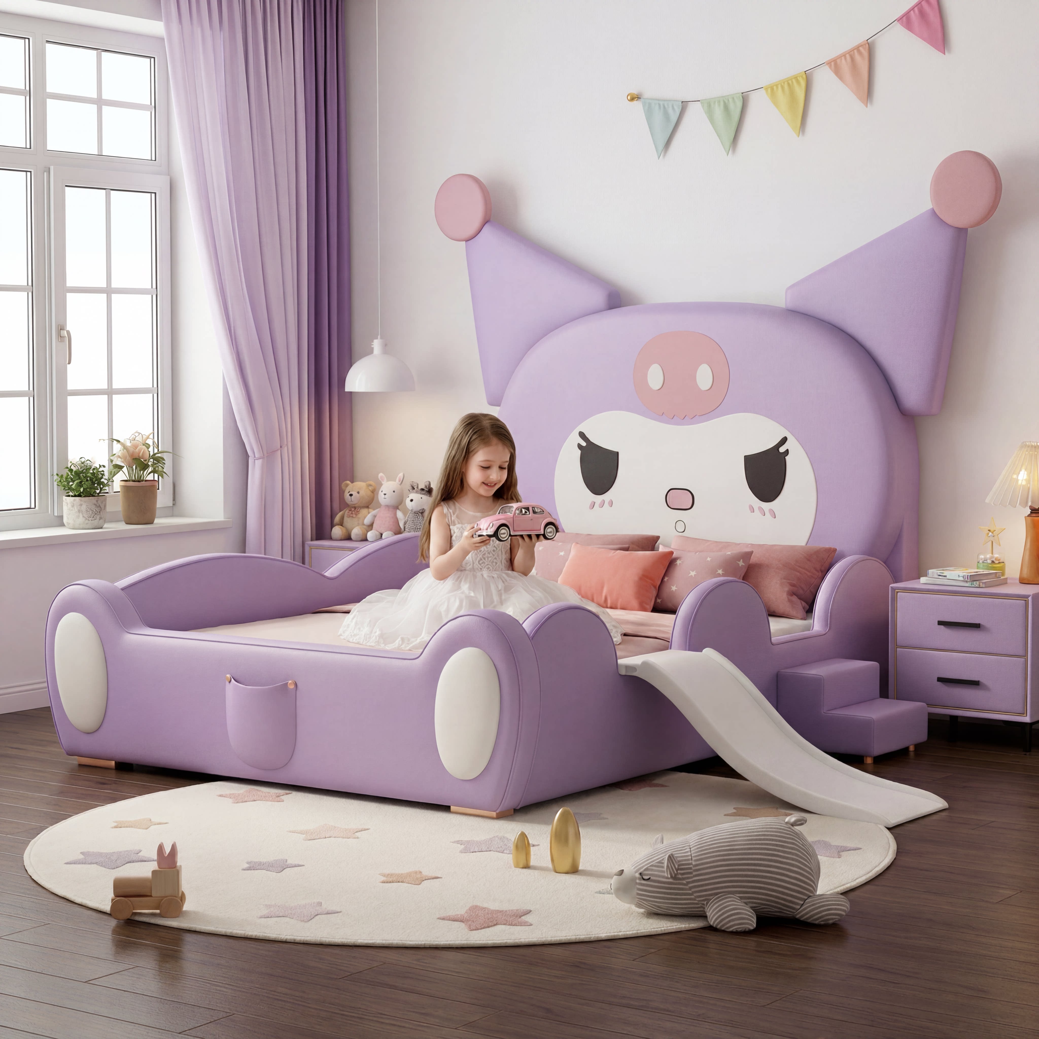 2026新款儿童床女孩公主床卧室卡通儿童房库洛米带围栏滑梯卡通床