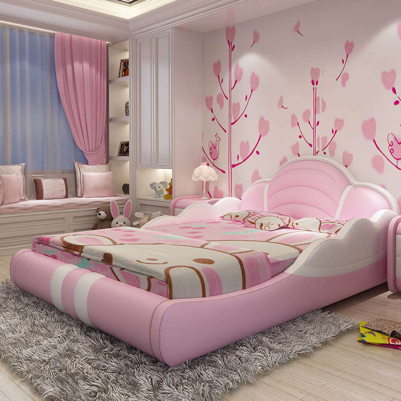 儿童床女孩床公主床少女梦幻单人床带护栏小床1.2/1.5皮床卡通床