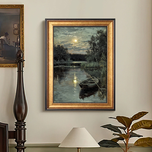 湖畔月色风景画客厅玄关沙发背景墙壁画月夜风光挂画巡回画派油画