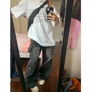 国潮高街美式立体多口袋工装牛仔裤男女嘻哈街头vibe风阔腿长裤