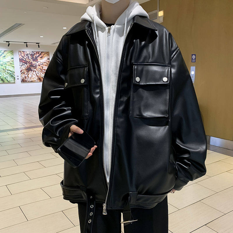 假两件pu皮美式复古外套男女春秋季休闲机车酷潮情侣长袖连帽皮衣