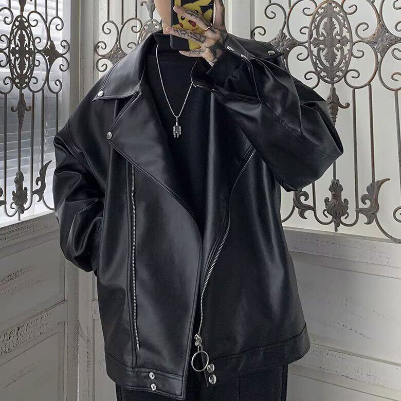 皮衣男春秋装韩版潮流宽松pu皮夹克帅气港风斜拉链摇滚机车服外套