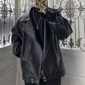 皮衣男春秋装 韩版 潮流宽松pu皮夹克帅气港风斜拉链摇滚机车服外套