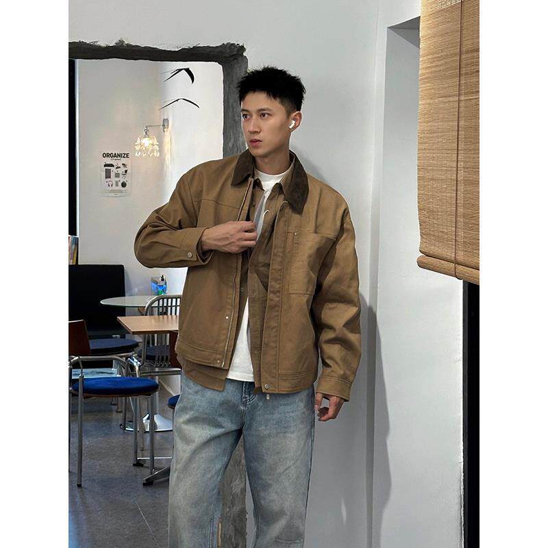 美式复古翻领工装夹克男宽松巴恩风休闲潮流卡其色长袖外套春秋季