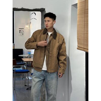 美式复古翻领工装夹克男宽松巴恩风休闲潮流卡其色长袖外套春秋季